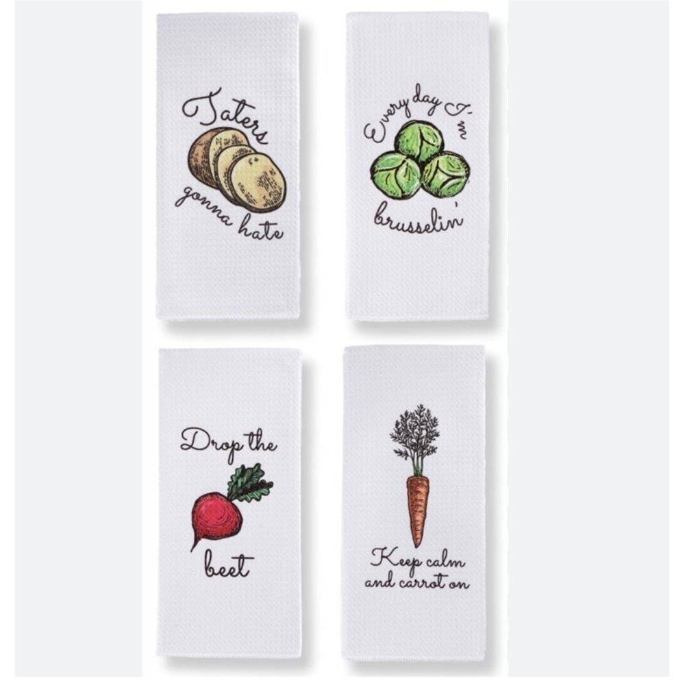 Punny Dish towels Veggie Puns Set Of 4 English Teacher Humorous NEW Housewarming